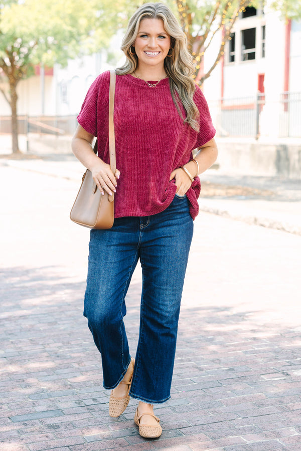 Plus Size dark burgundy short sleeve chenille knit sweater top with a relaxed fit and crew neck.