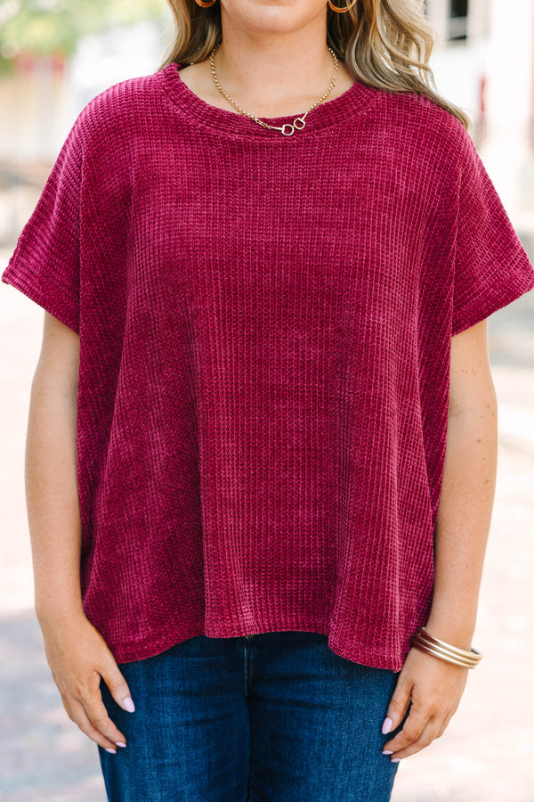Plus Size dark burgundy short sleeve chenille knit sweater top with a relaxed fit and crew neck.