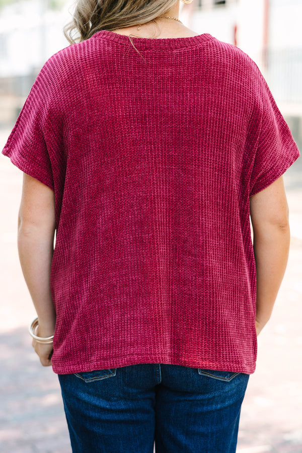 Plus Size dark burgundy short sleeve chenille knit sweater top with a relaxed fit and crew neck.