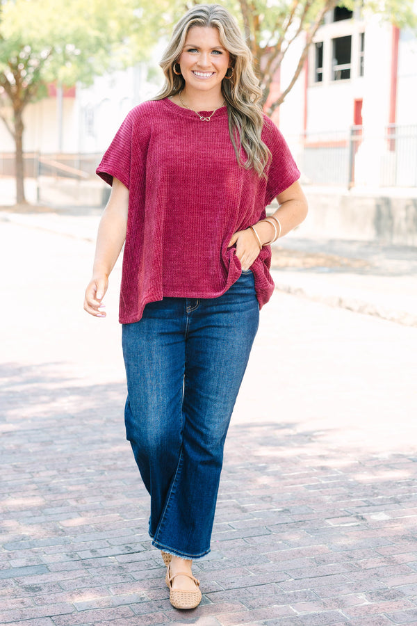Plus Size dark burgundy short sleeve chenille knit sweater top with a relaxed fit and crew neck.