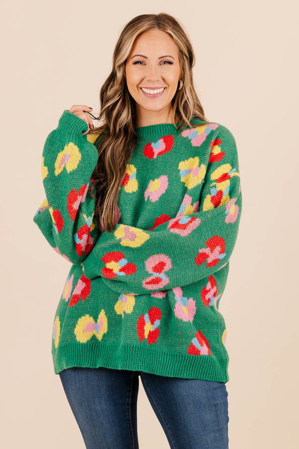 Chic Soul plus size clothing, pine green knit sweater with multicolored flower design