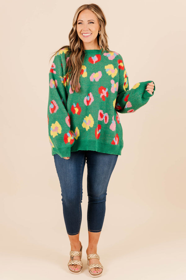 Chic Soul plus size clothing, pine green knit sweater with multicolored flower design
