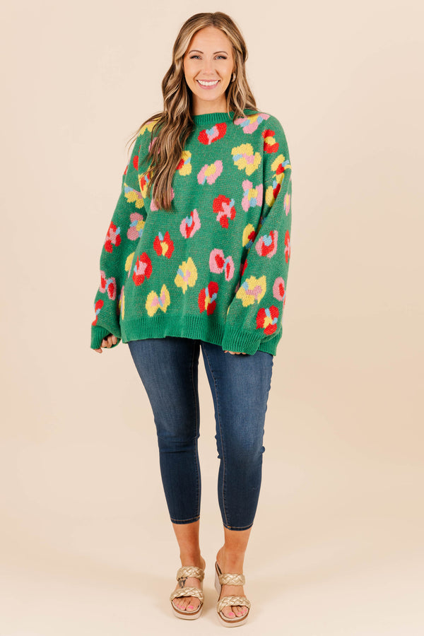 Chic Soul plus size clothing, pine green knit sweater with multicolored flower design