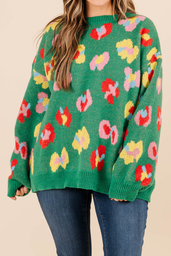 Chic Soul plus size clothing, pine green knit sweater with multicolored flower design