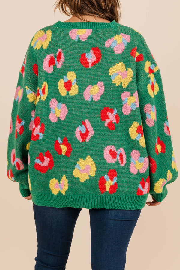 Chic Soul plus size clothing, pine green knit sweater with multicolored flower design