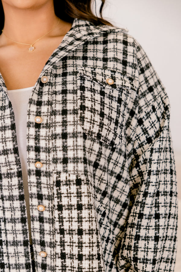 Chic Soul plus size clothing, black and white plaid tweed collared boxy fit jacket 
