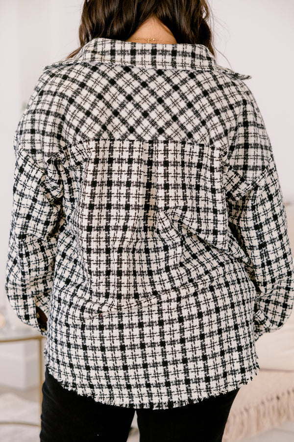 Chic Soul plus size clothing, black and white plaid tweed collared boxy fit jacket 

