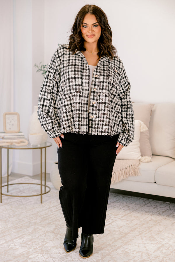 Chic Soul plus size clothing, black and white plaid tweed collared boxy fit jacket 
