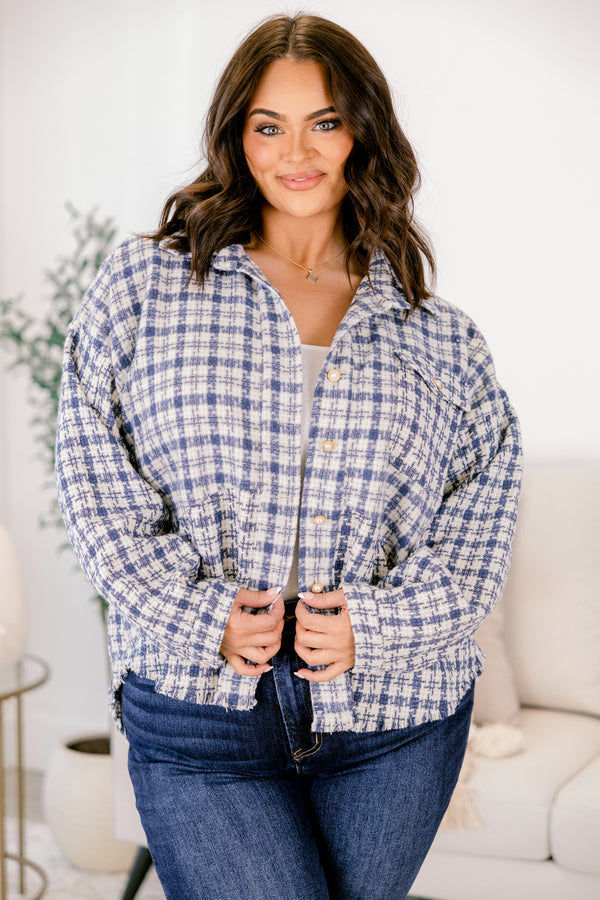 Chic Soul plus size clothing, navy and white plaid tweed collared boxy fit jacket