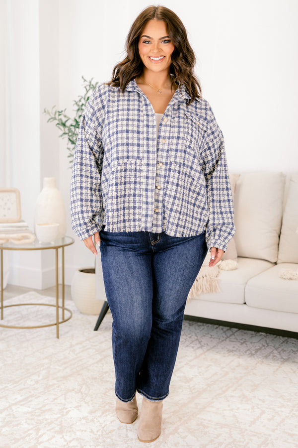Chic Soul plus size clothing, navy and white plaid tweed collared boxy fit jacket