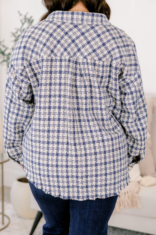 Chic Soul plus size clothing, navy and white plaid tweed collared boxy fit jacket