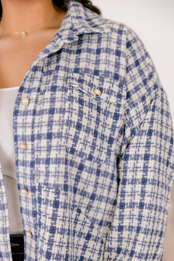 Chic Soul plus size clothing, navy and white plaid tweed collared boxy fit jacket