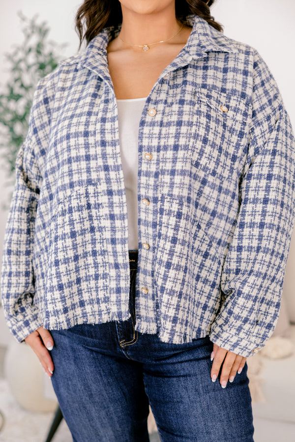 Chic Soul plus size clothing, navy and white plaid tweed collared boxy fit jacket