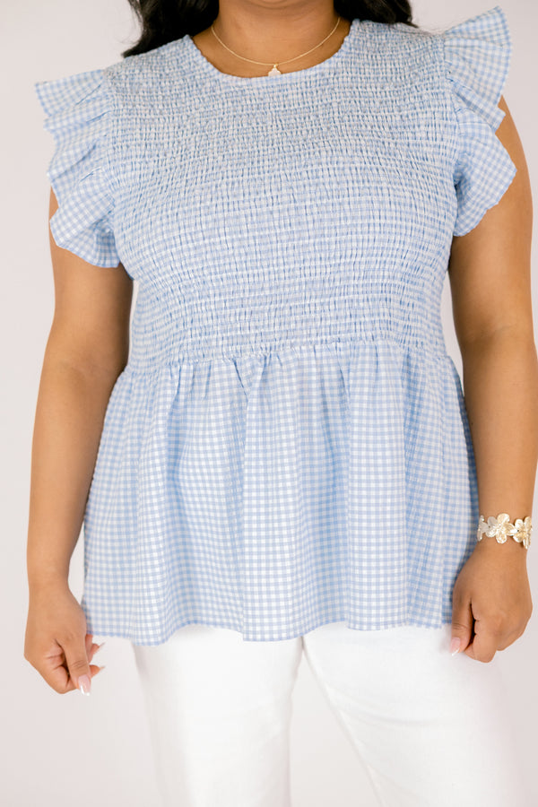 Chic Soul plus size clothing, blue gingham babydoll top with flutter sleeves and smocked bodice