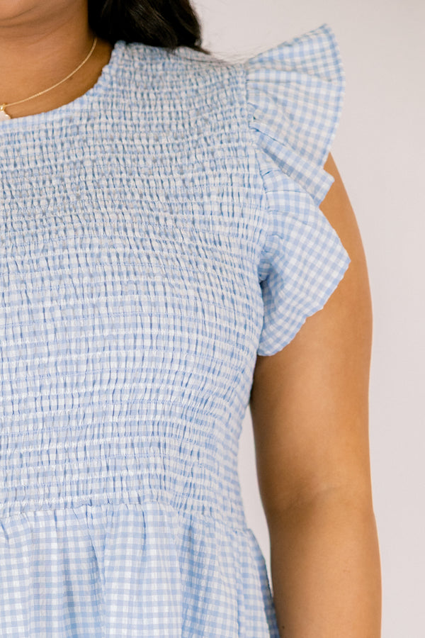 Chic Soul plus size clothing, blue gingham babydoll top with flutter sleeves and smocked bodice