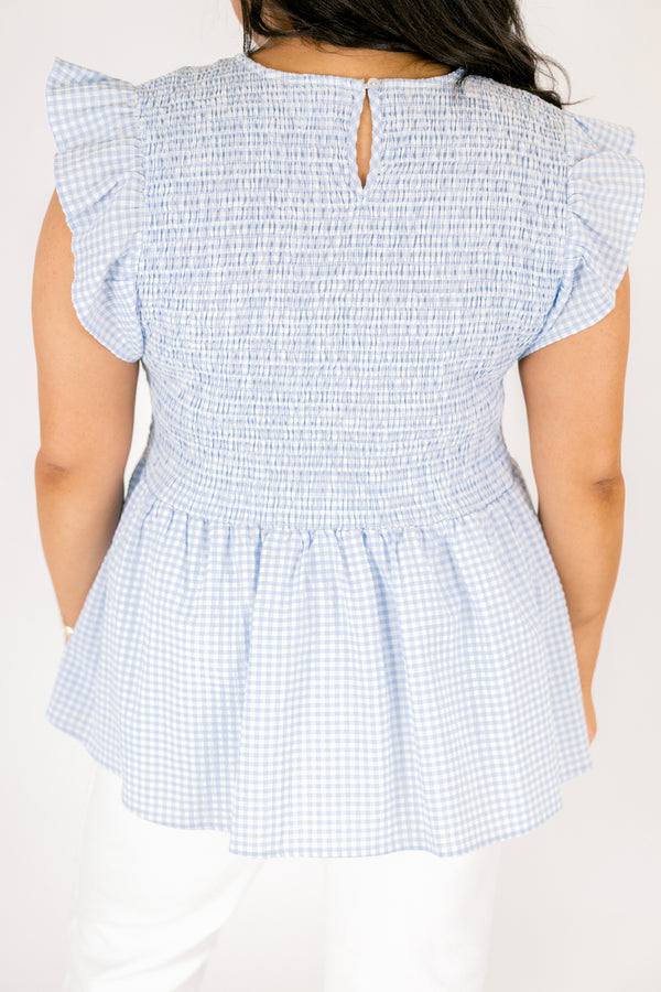 Chic Soul plus size clothing, blue gingham babydoll top with flutter sleeves and smocked bodice