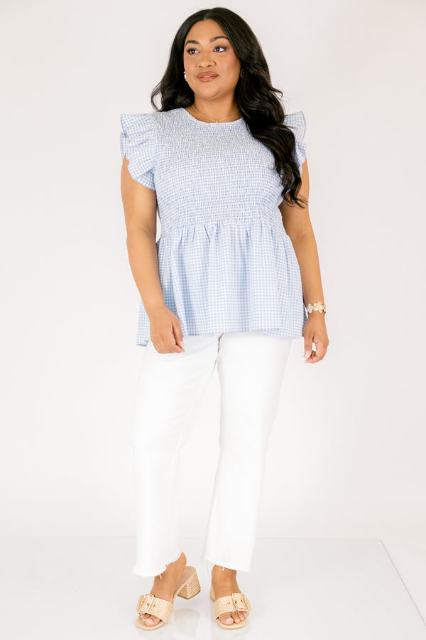 Chic Soul plus size clothing, blue gingham babydoll top with flutter sleeves and smocked bodice