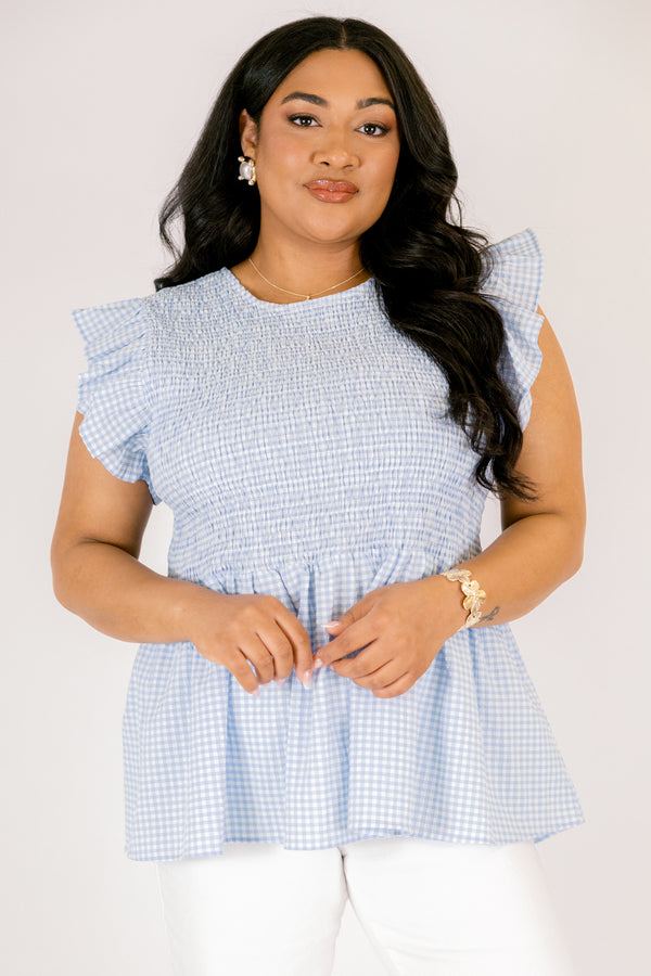 Chic Soul plus size clothing, blue gingham babydoll top with flutter sleeves and smocked bodice