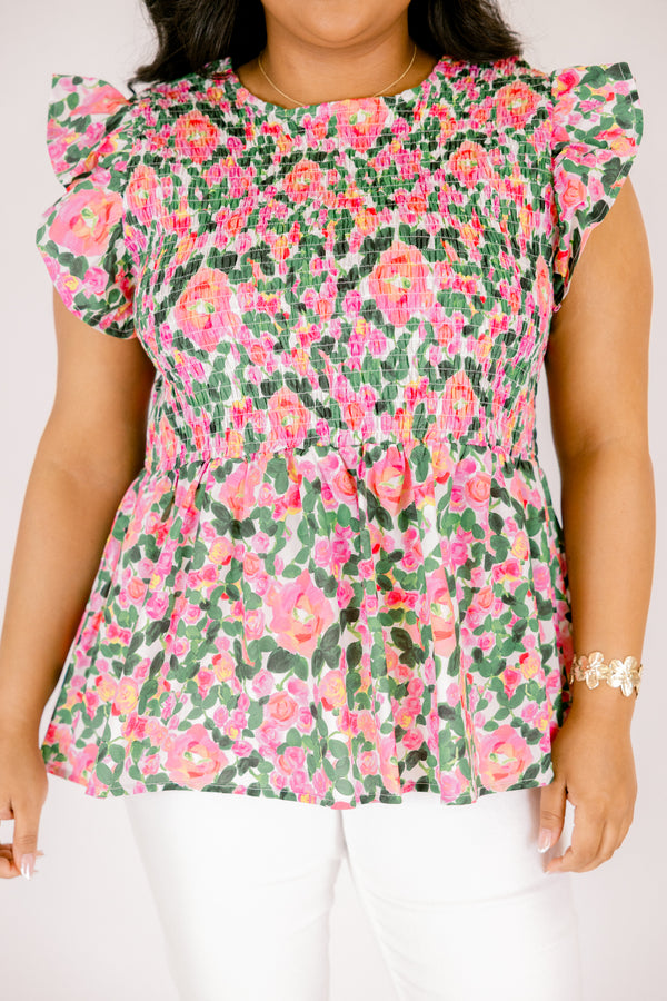 Chic Soul plus size clothing, pink and green floral short flutter sleeve peplum top with rouching texture on the chest