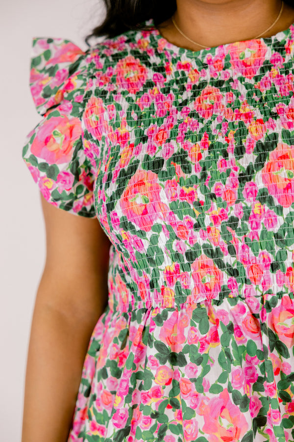 Chic Soul plus size clothing, pink and green floral short flutter sleeve peplum top with rouching texture on the chest