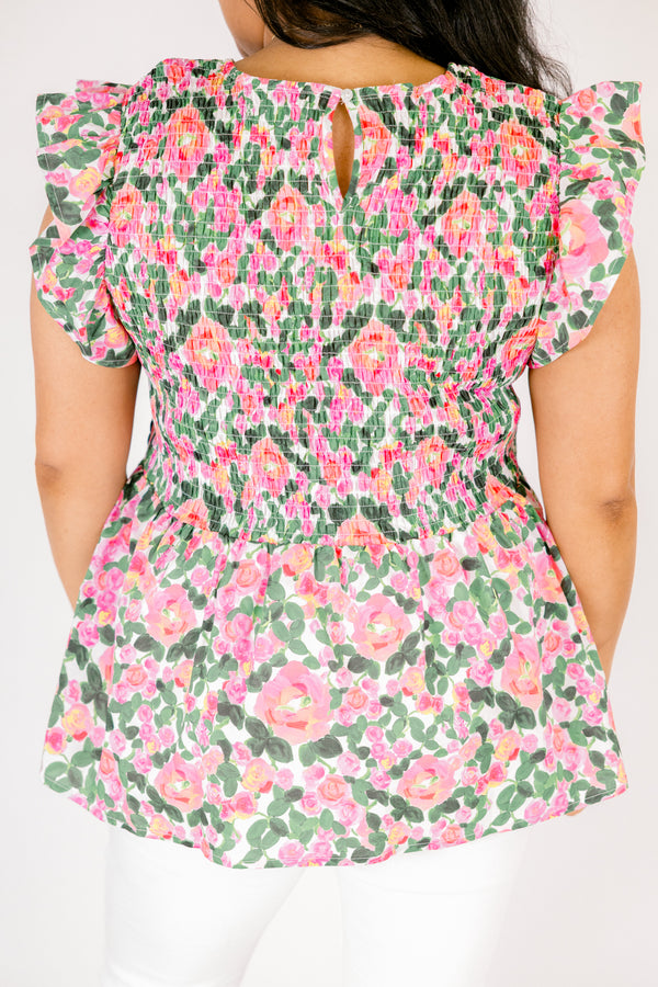 Chic Soul plus size clothing, pink and green floral short flutter sleeve peplum top with rouching texture on the chest