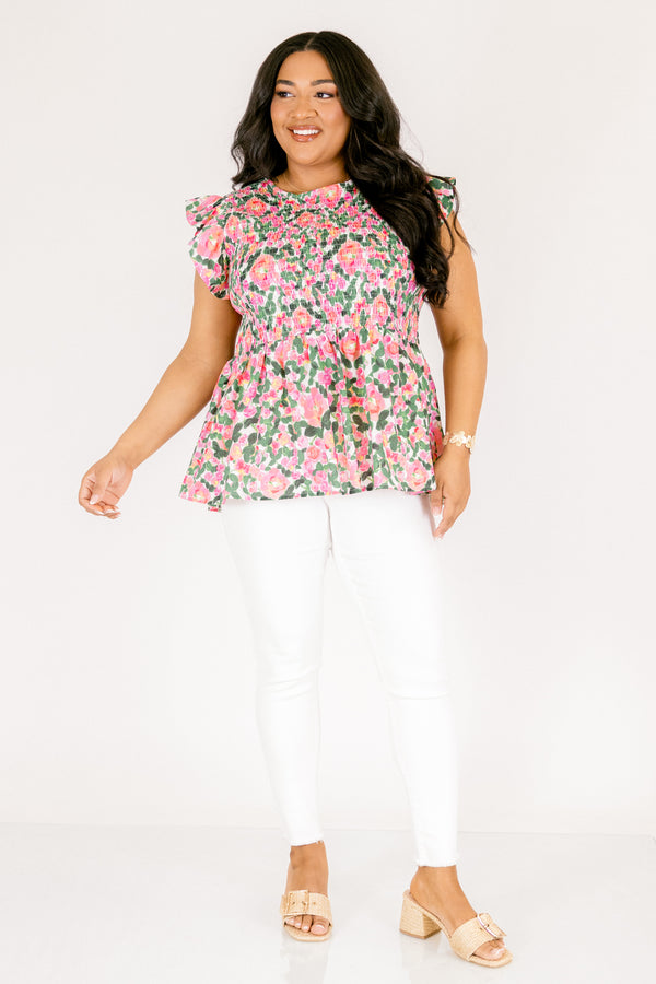 Chic Soul plus size clothing, pink and green floral short flutter sleeve peplum top with rouching texture on the chest