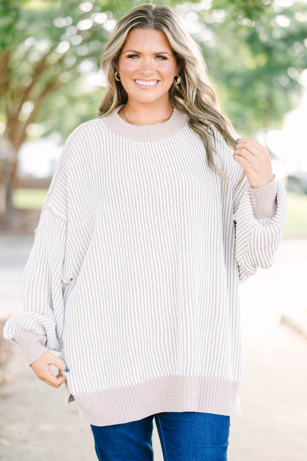 Plus Size oversized ash mocha and white vertical striped knit sweater with ribbed trim.