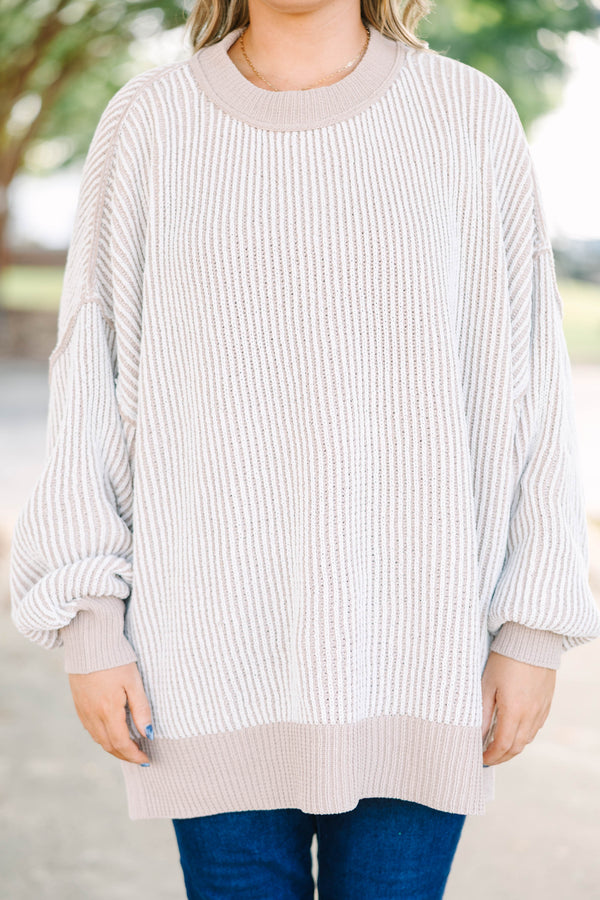 Plus Size oversized ash mocha and white vertical striped knit sweater with ribbed trim.
