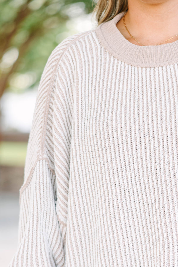 Plus Size oversized ash mocha and white vertical striped knit sweater with ribbed trim.