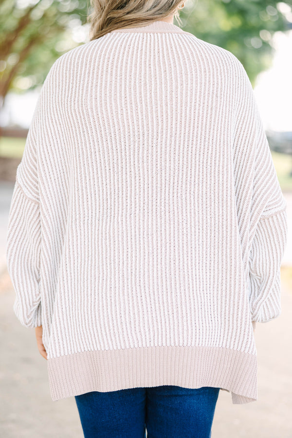 Plus Size oversized ash mocha and white vertical striped knit sweater with ribbed trim.