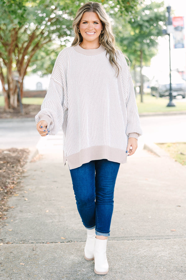 Plus Size oversized ash mocha and white vertical striped knit sweater with ribbed trim.