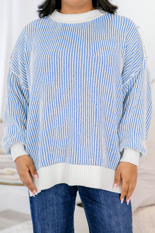 Chic Soul plus size clothing, blue and white striped sweater with an all white collar, cuffs, and trim