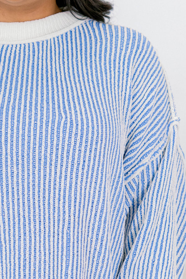 Chic Soul plus size clothing, blue and white striped sweater with an all white collar, cuffs, and trim