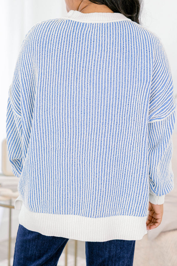Chic Soul plus size clothing, blue and white striped sweater with an all white collar, cuffs, and trim