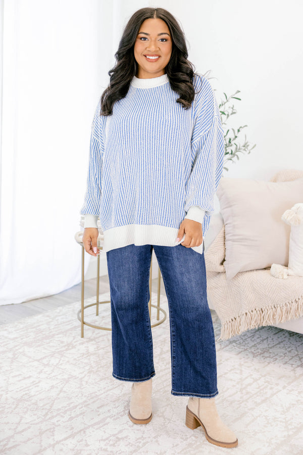 Chic Soul plus size clothing, blue and white striped sweater with an all white collar, cuffs, and trim
