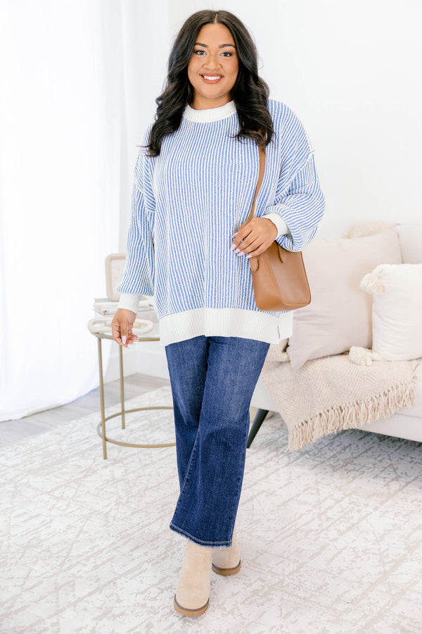 Chic Soul plus size clothing, blue and white striped sweater with an all white collar, cuffs, and trim