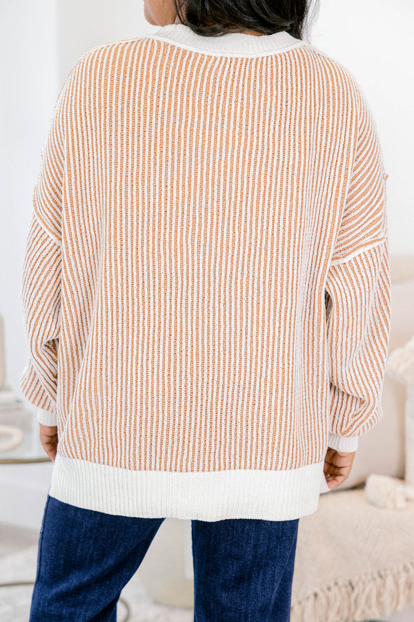 Chic Soul plus size clothing, brown and white striped sweater with an all white collar, cuffs, and trim