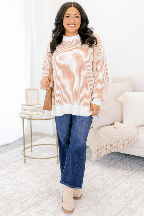 Chic Soul plus size clothing, brown and white striped sweater with an all white collar, cuffs, and trim