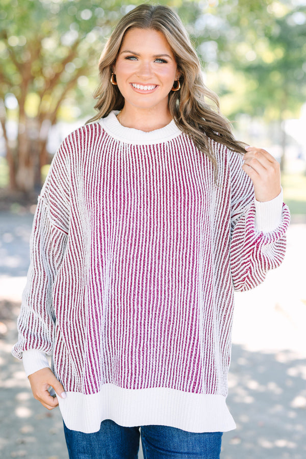 Plus Size cabernet and white striped knit sweater with a crew neckline and ribbed trim.
