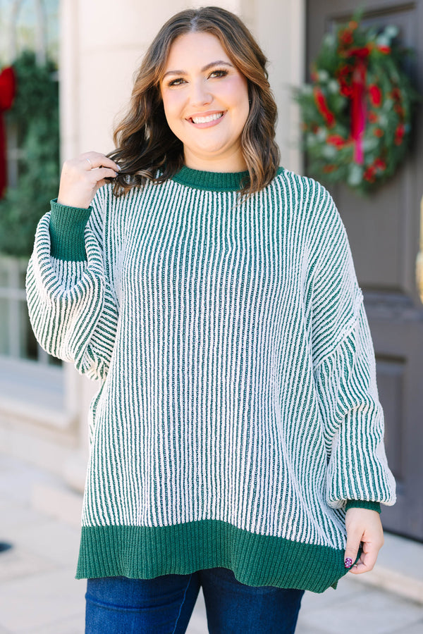 Plus Size emerald and white vertical striped knit sweater with solid green ribbed trim.