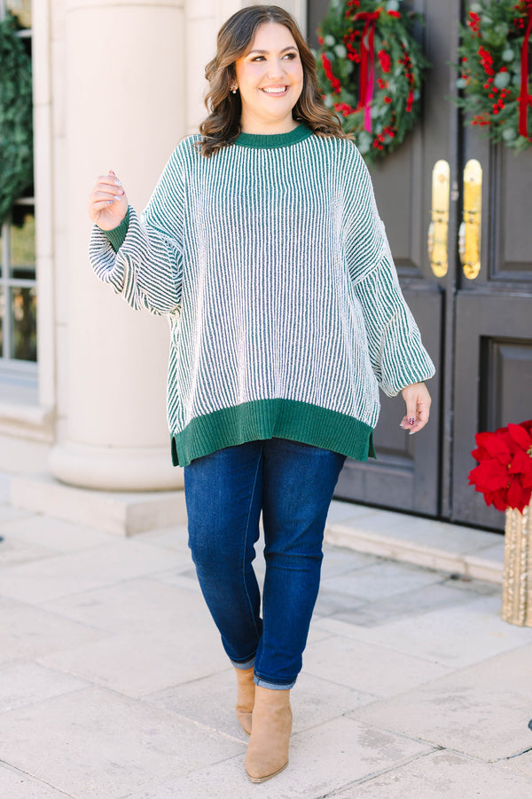 Plus Size emerald and white vertical striped knit sweater with solid green ribbed trim.