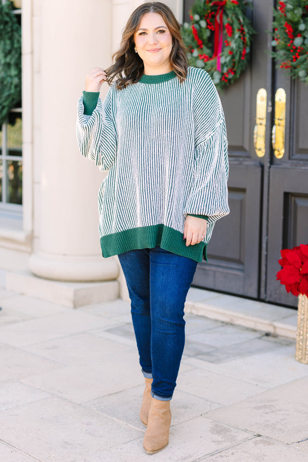 Plus Size emerald and white vertical striped knit sweater with solid green ribbed trim.