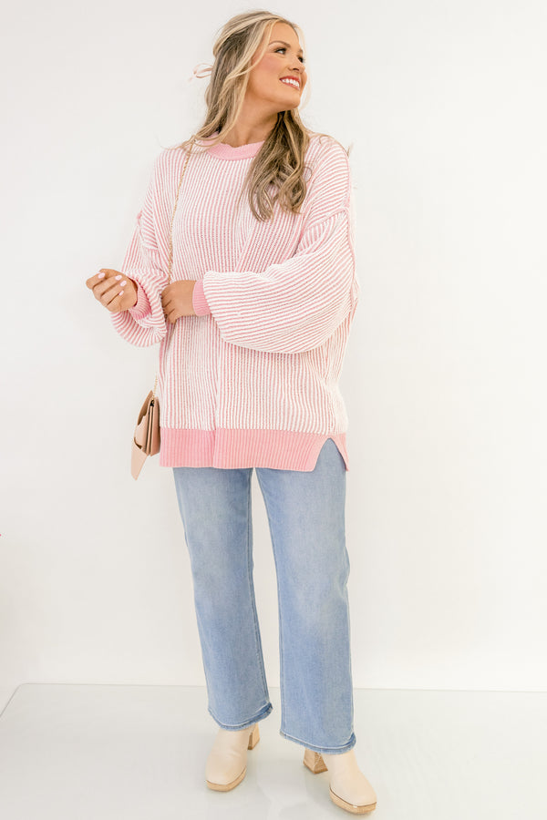 Chic Soul plus size clothing, light pink and white vertical stripe long sleeve sweater with pink band along the wrists, bottom, and neckline