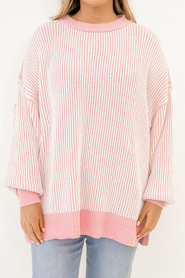 Chic Soul plus size clothing, light pink and white vertical stripe long sleeve sweater with pink band along the wrists, bottom, and neckline
