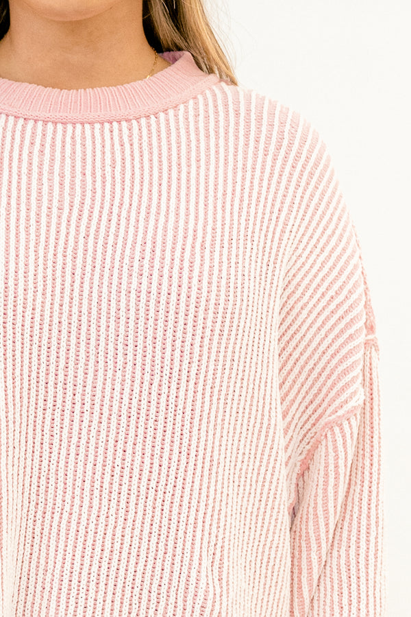 Chic Soul plus size clothing, light pink and white vertical stripe long sleeve sweater with pink band along the wrists, bottom, and neckline