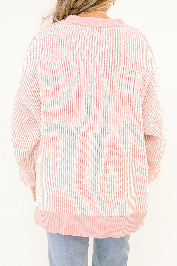 Chic Soul plus size clothing, light pink and white vertical stripe long sleeve sweater with pink band along the wrists, bottom, and neckline