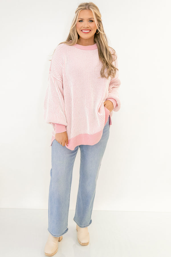 Chic Soul plus size clothing, light pink and white vertical stripe long sleeve sweater with pink band along the wrists, bottom, and neckline
