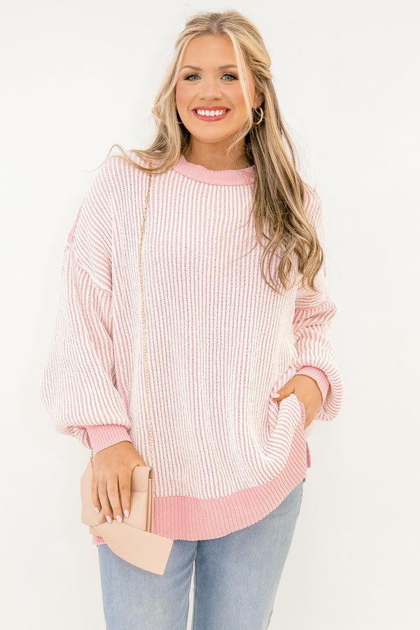 Chic Soul plus size clothing, light pink and white vertical stripe long sleeve sweater with pink band along the wrists, bottom, and neckline