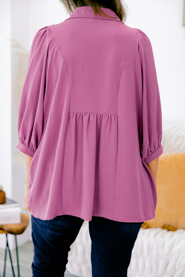 Chic Soul plus size clothing, purple 3/4 sleeve v-neck top with a collar 