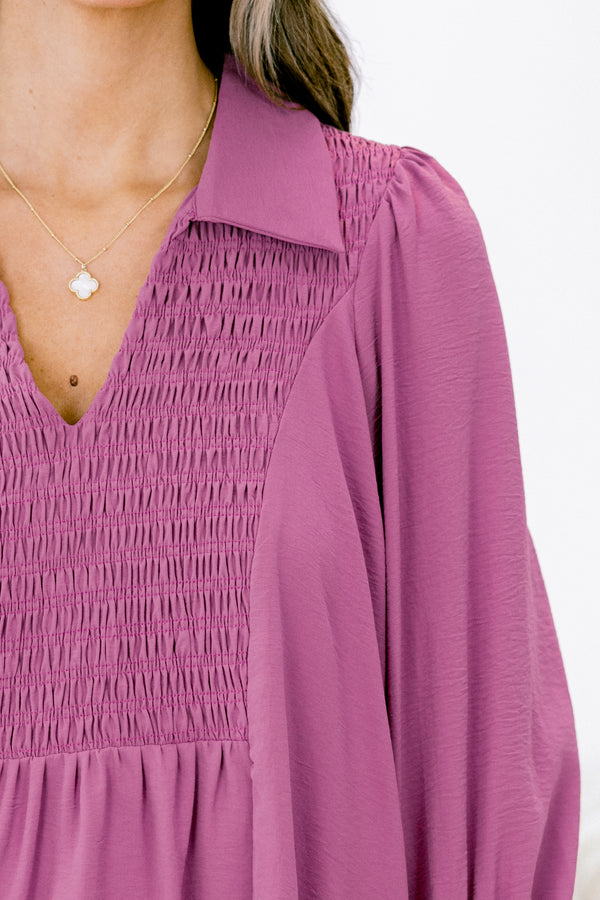 Chic Soul plus size clothing, purple 3/4 sleeve v-neck top with a collar 